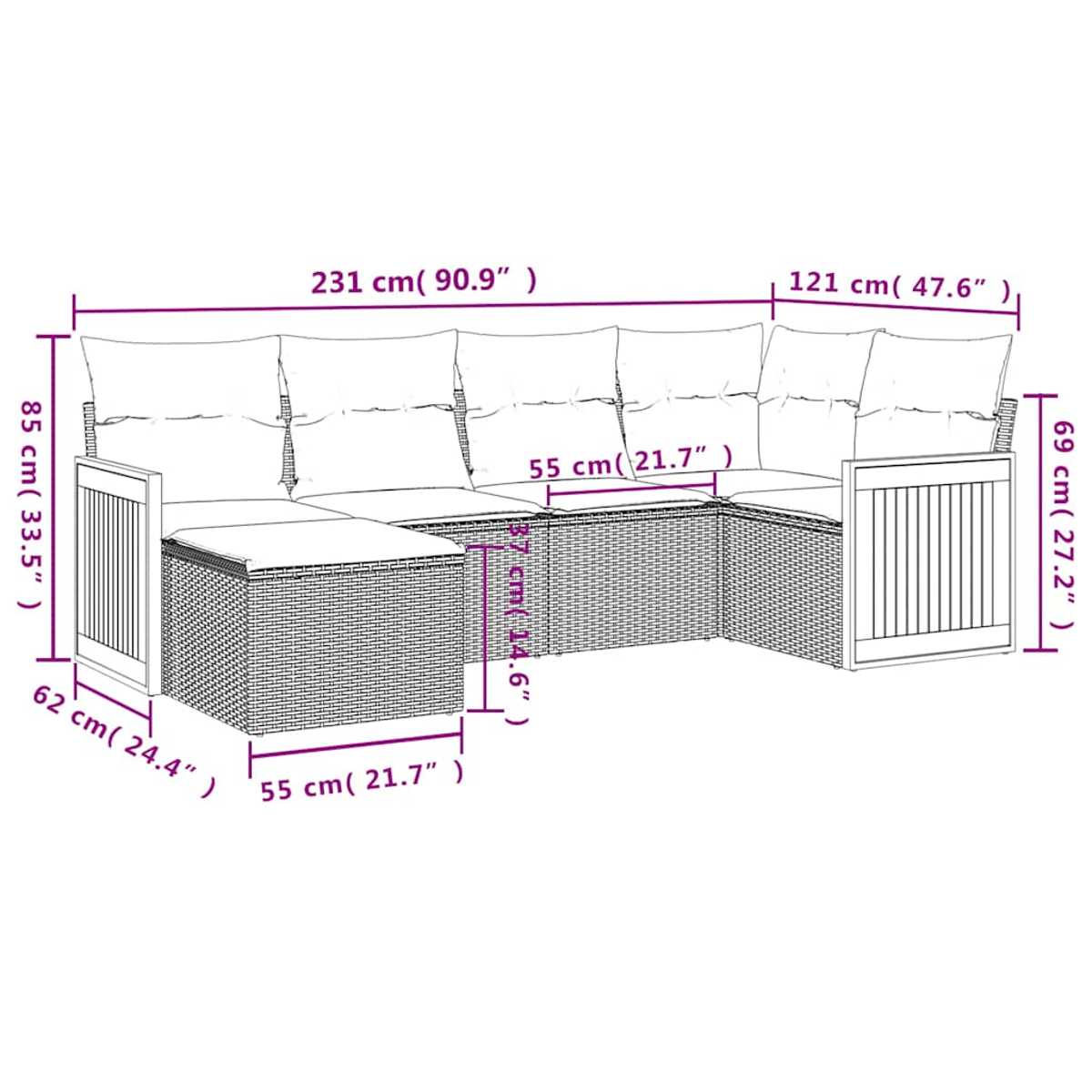 Diagramm eines Outdoor-Ecksofas aus Rattan mit Maßangaben in Zentimetern und Zoll. Es enthält Kissen.