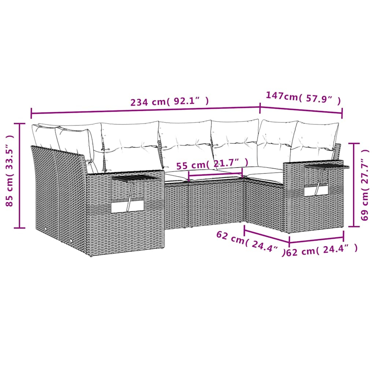 Ein Ecksofa im Rattan-Stil mit Abmessungen in Zentimetern und Zoll.