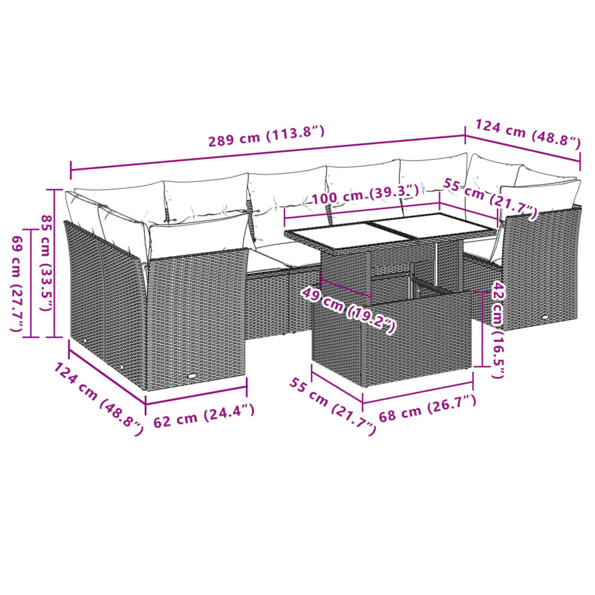 Outdoor-Wicker-Ecksofa mit Maßangaben. Enthält einen Tisch, ein Sofa und Abmessungen in cm und Zoll.