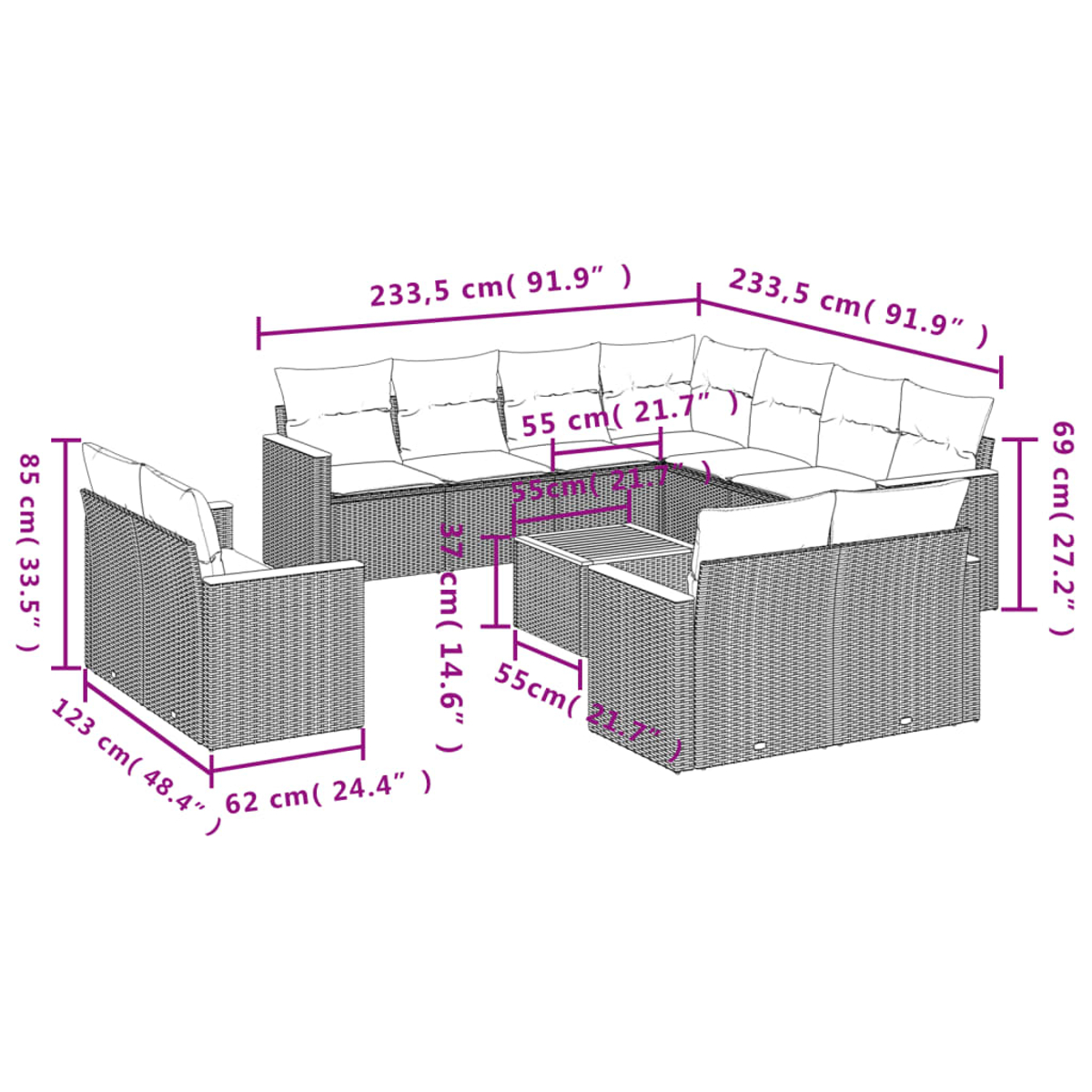 Diagramm eines Outdoor-Möbelsets. Enthält ein Sofa, zwei Sessel und einen Tisch mit Abmessungen in cm und Zoll.