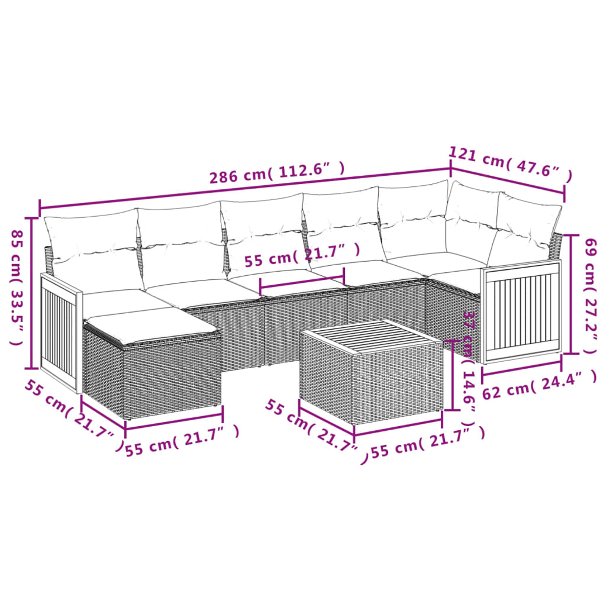 Ein Ecksofa für den Außenbereich mit Kissen und einem passenden quadratischen Tisch, alles in einem gewebten Muster mit Maßangaben.