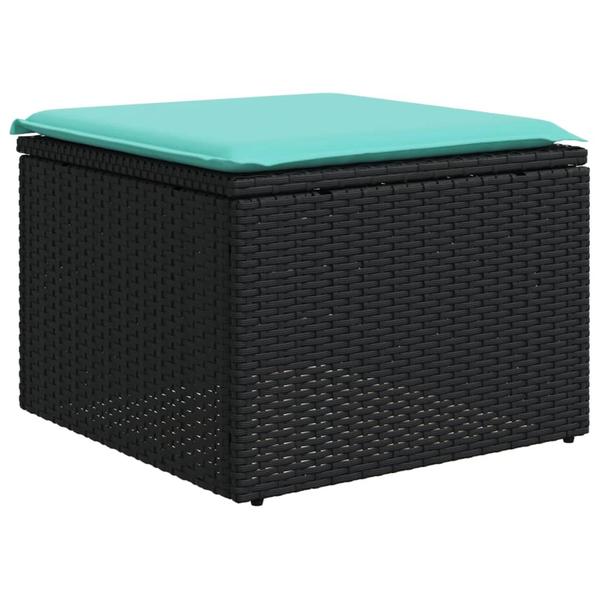 Eine schwarze Aufbewahrungsbox aus Korbgeflecht mit einem türkisfarbenen Kissen oben. Sie ist quadratisch und hat kleine schwarze Füße.