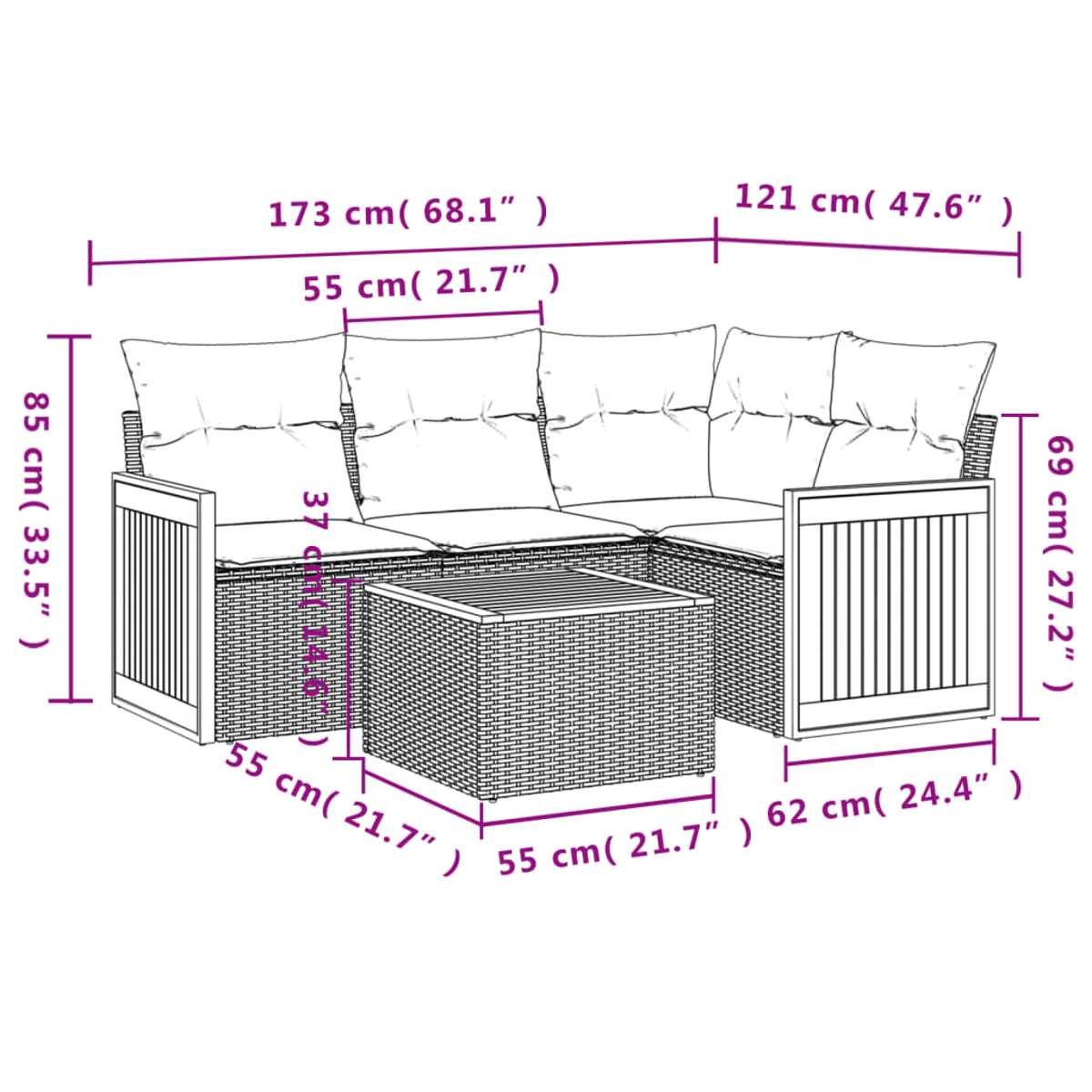 Ein Diagramm zeigt die Abmessungen eines Ecksofas aus Rattan und eines kleinen Tisches. Maße in cm und Zoll, Höhe und Breite angegeben.