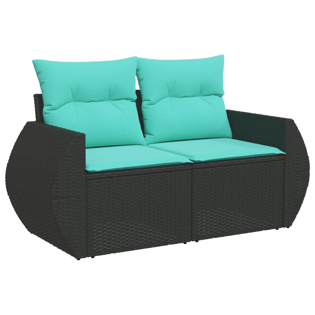 Ein schwarzes Korbmöbelsofa mit zwei Sitzkissen und Rückenkissen in Türkis. Das Sofa steht auf weißem Hintergrund.