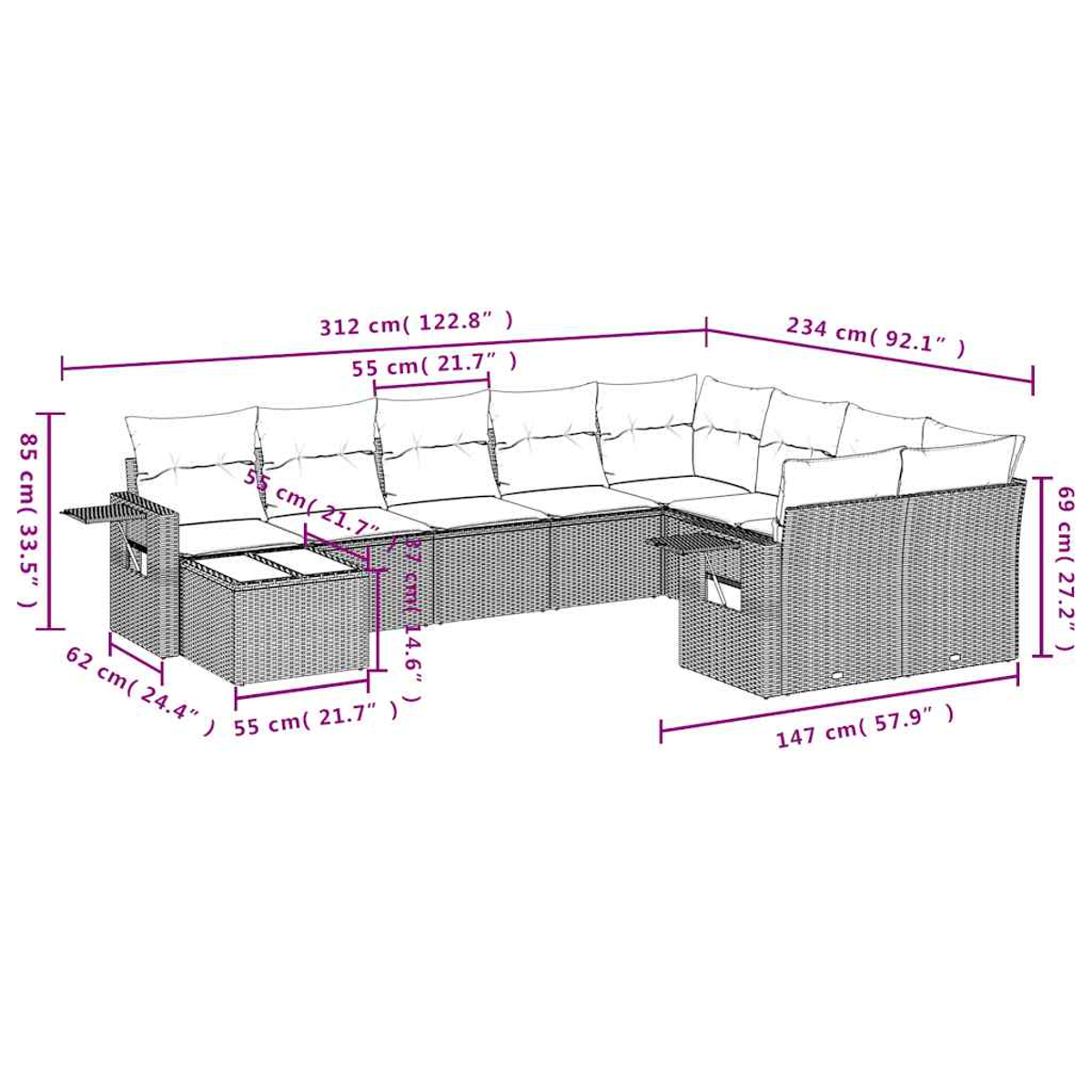 Ein Outdoor-Ecksofa mit Abmessungen. Das Sofa ist aus Korbgeflecht, hat Kissen und einen Beistelltisch.