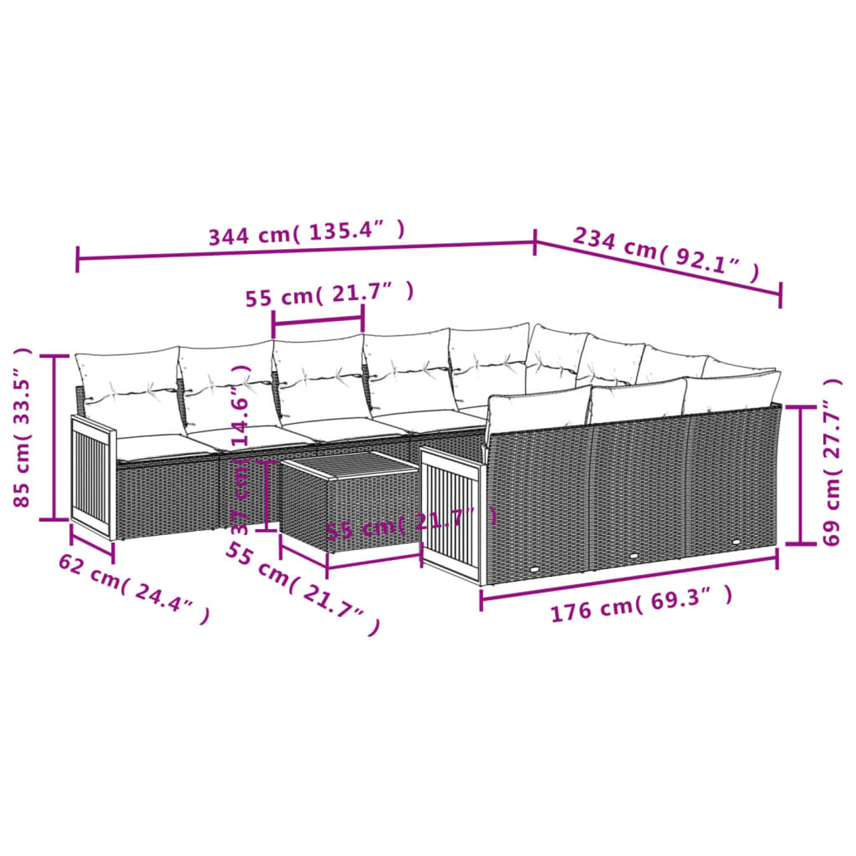Ein Diagramm eines Ecksofas und Tisches mit Maßangaben in Zentimetern und Zoll.