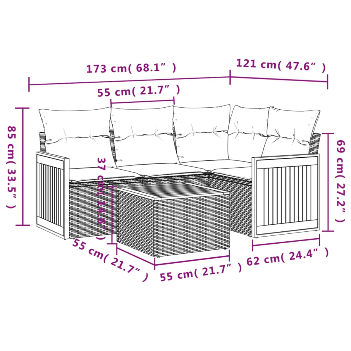 Ein Ecksofa und ein Couchtisch aus gewebtem Material. Maße sind in Zentimetern und Zoll angegeben.