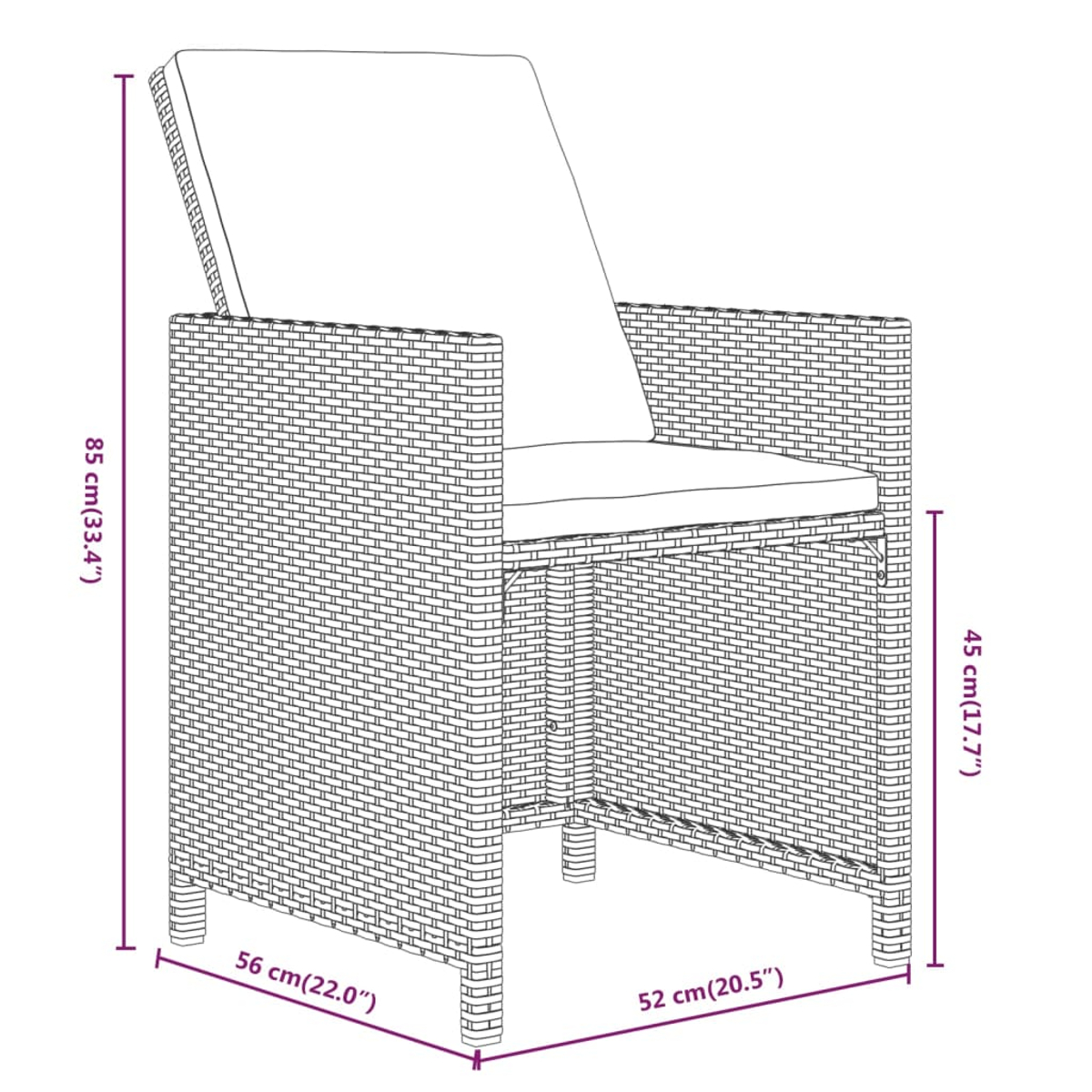 Ein Korbstuhl mit weißem Kissen. Abmessungen sind beschriftet: 85 cm (33,4"), 45 cm (17,7"), 56 cm (22,0"), 52 cm (20,5").