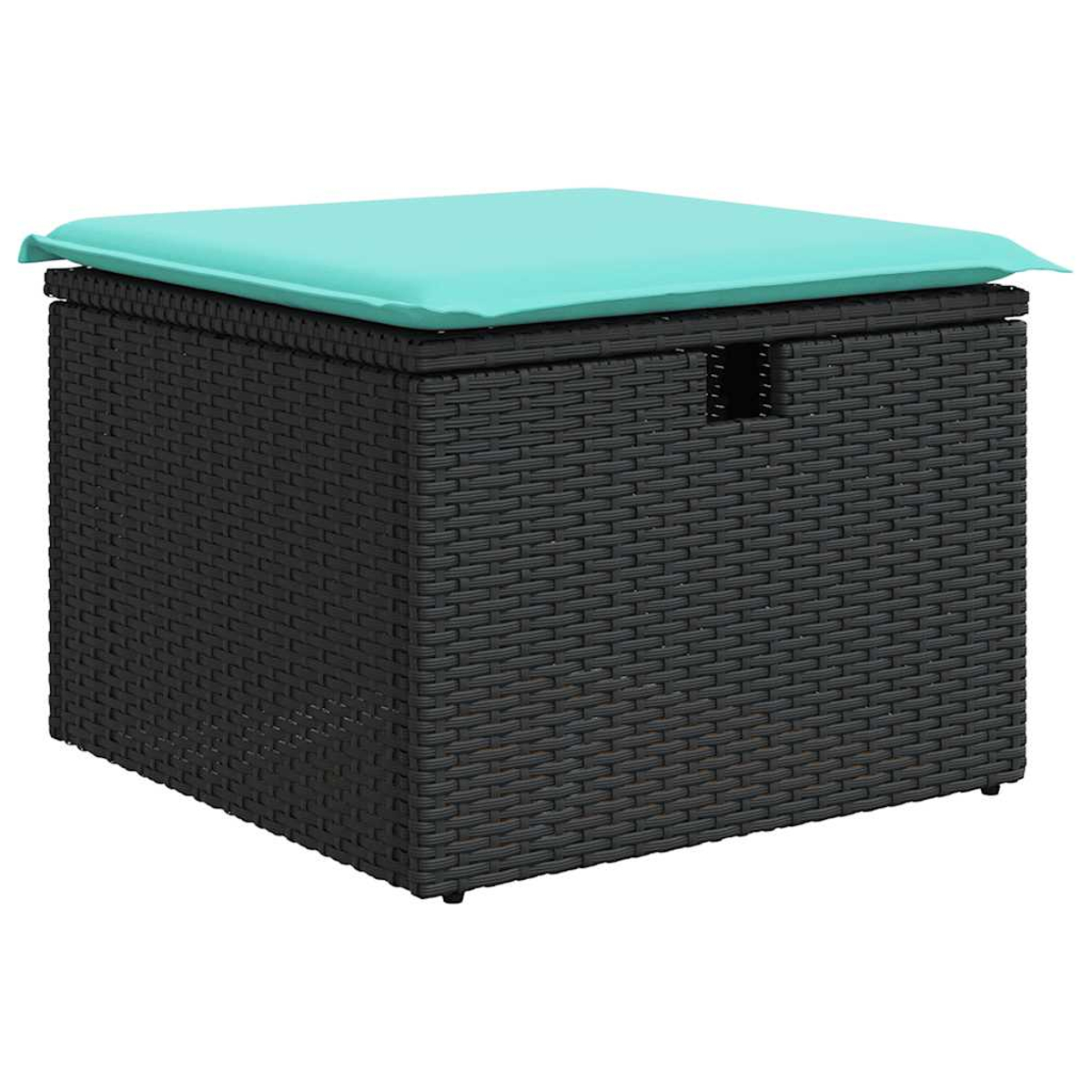 Eine schwarze Aufbewahrungsbox aus Korbgeflecht mit einem hellblauen Kissen darauf. Die Box hat eine Grifföffnung und befindet sich auf weißem Hintergrund.