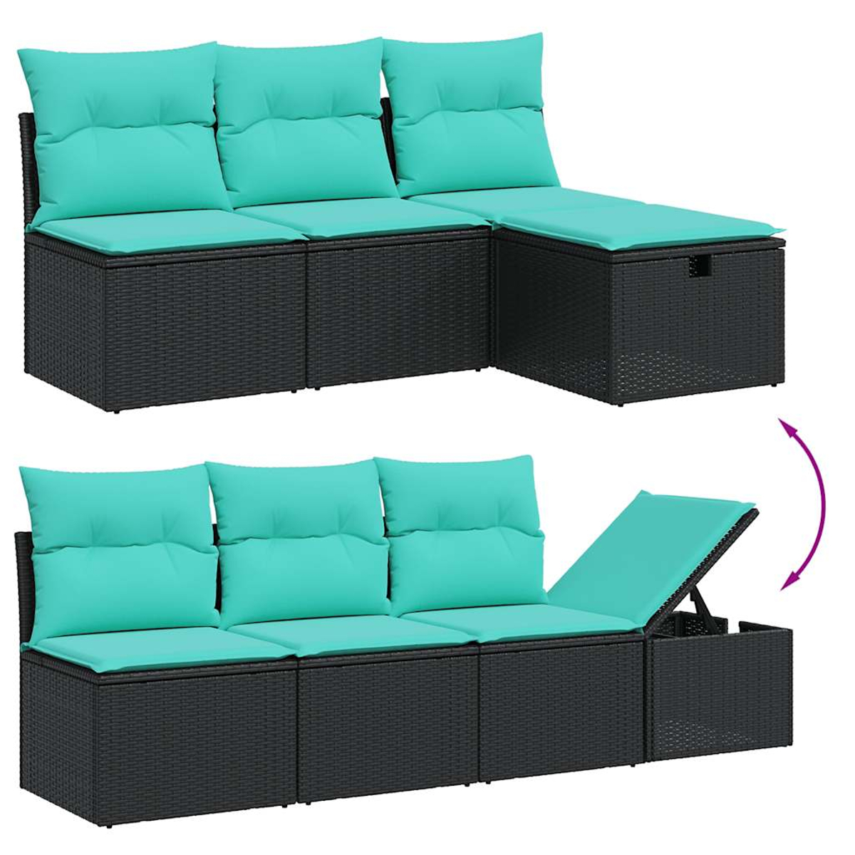 Zwei Outdoor-Korbs Sofas mit türkisfarbenen Kissen. Ein Sofa hat ein offenes Staufach.