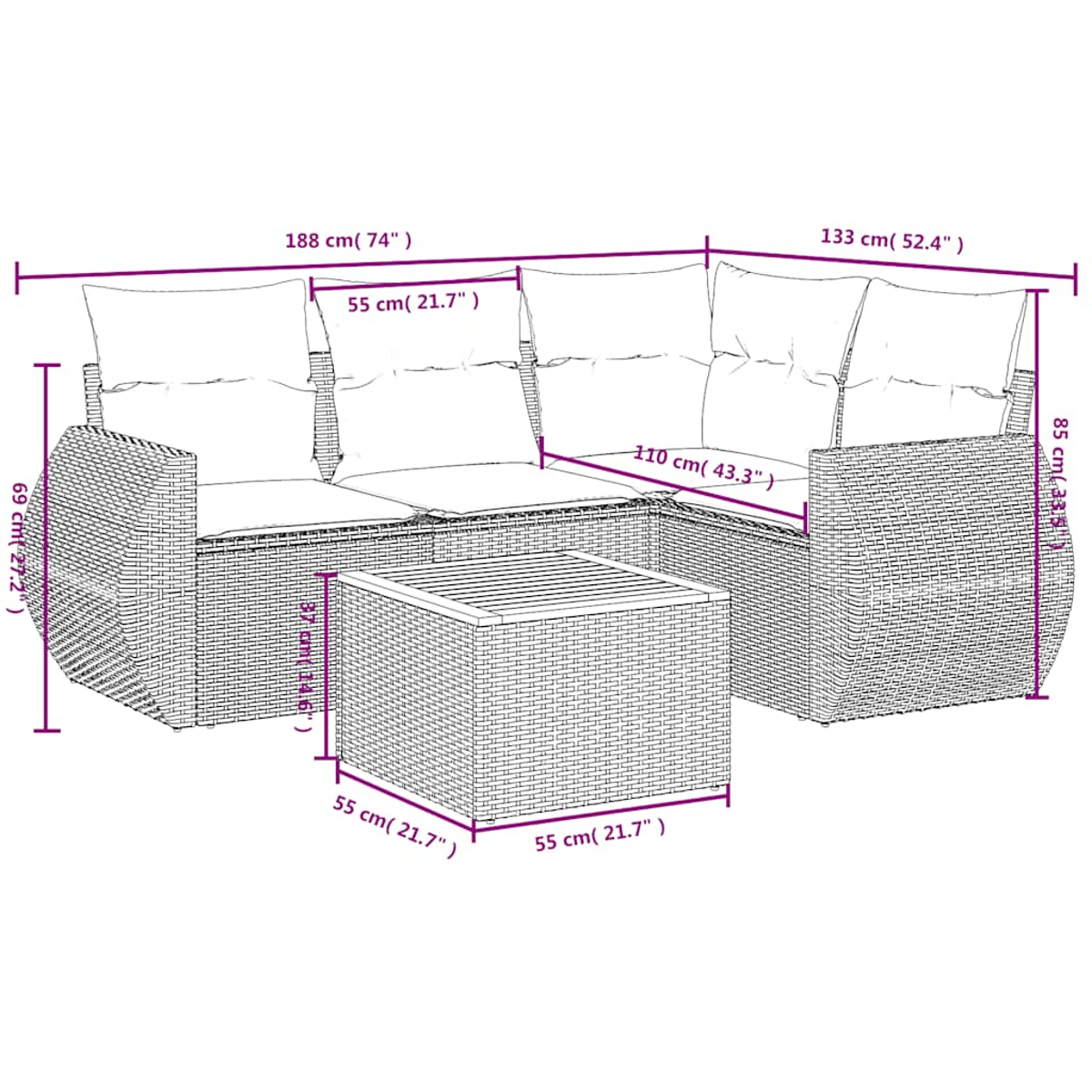 Geflochtenes Gartenmöbel-Set mit Sofa, Ecksofa und Couchtisch. Maße in cm und Zoll werden angegeben.