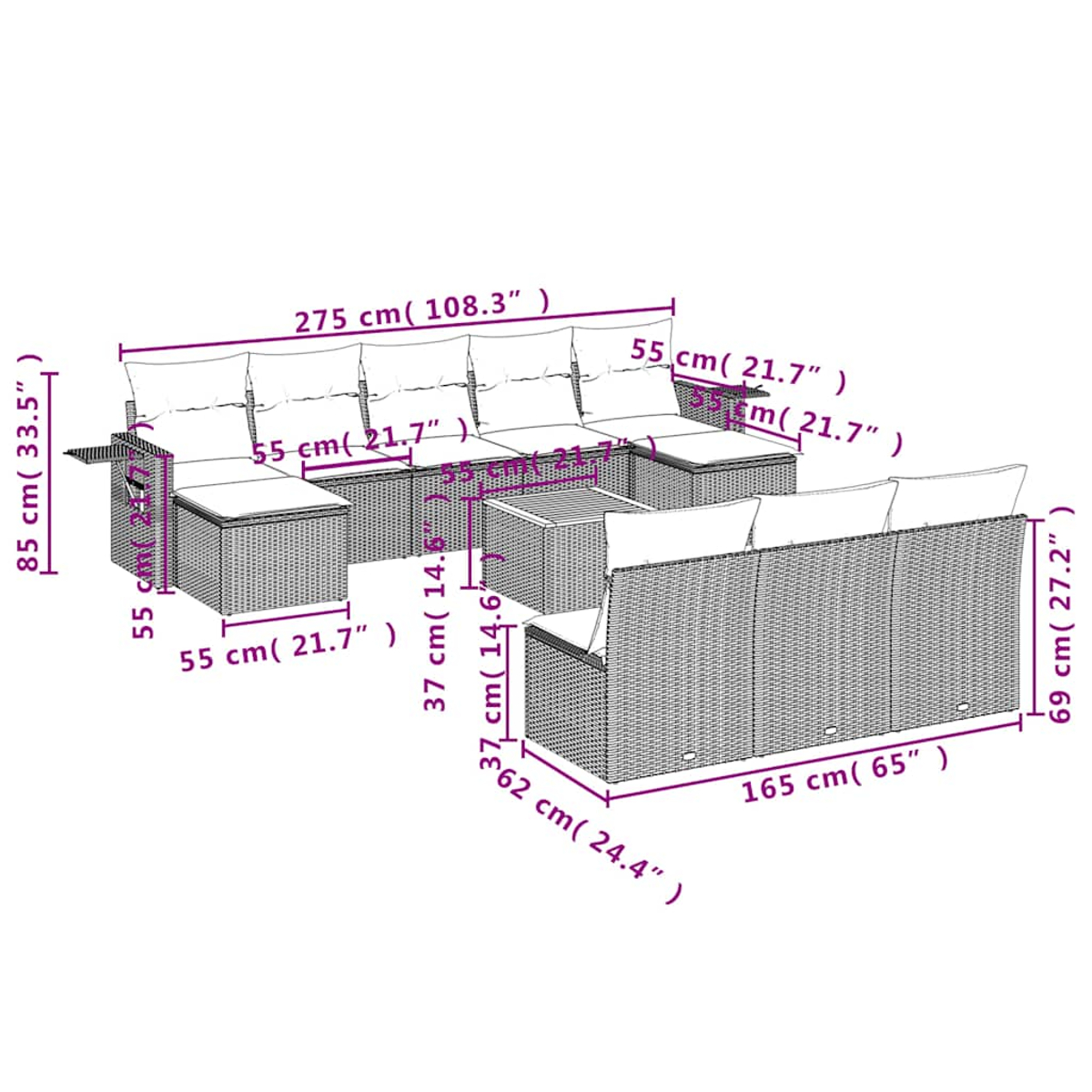 Ein Diagramm eines Rattan-Gartenmöbelsets mit Abmessungen in Zentimetern und Zoll.