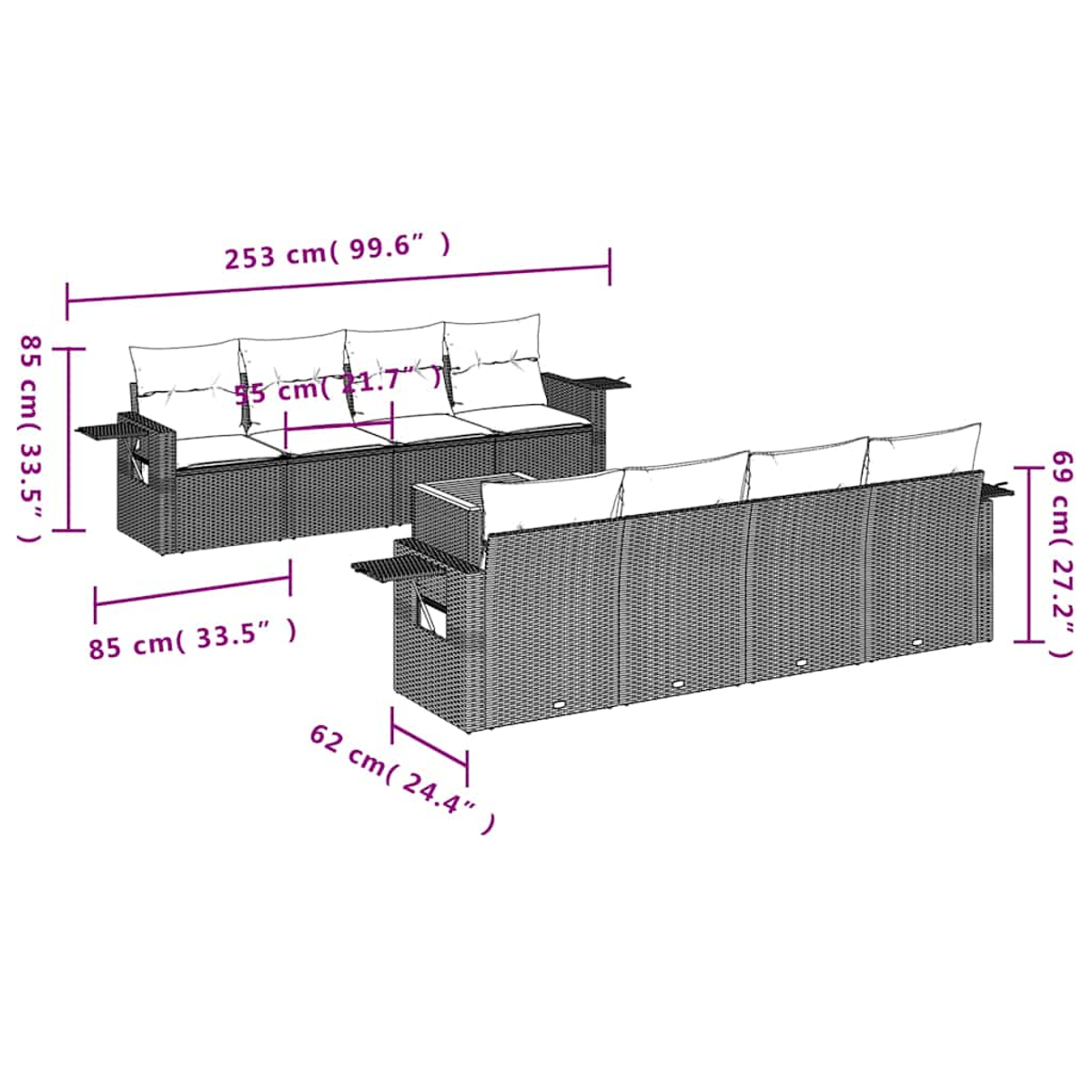 Zwei Rattansofas mit Kissen und Beistelltischen. Abmessungen in cm und Zoll, Gesamtmaße angegeben.