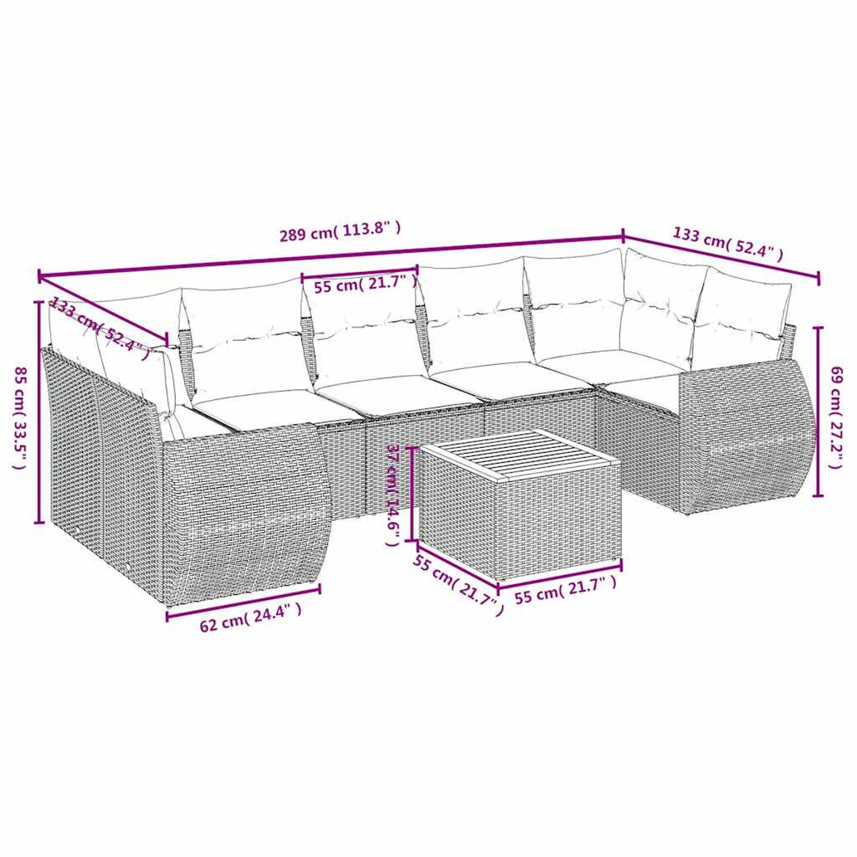 Ein Ecksofa aus Rattan für den Außenbereich mit Maßangaben in cm und Zoll. Es umfasst Kissen und einen passenden Couchtisch.