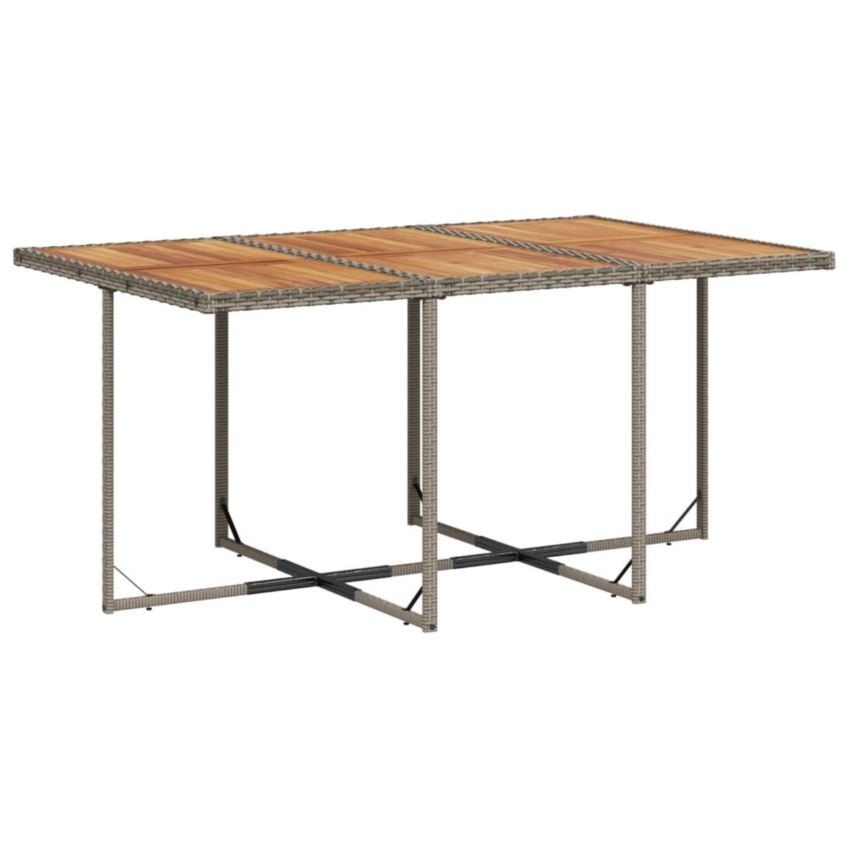 Ein rechteckiger Gartentisch mit Holzplatte und korbähnlichen Beinen. Der Tisch ist hellbraun und grau. Der Hintergrund ist weiß.