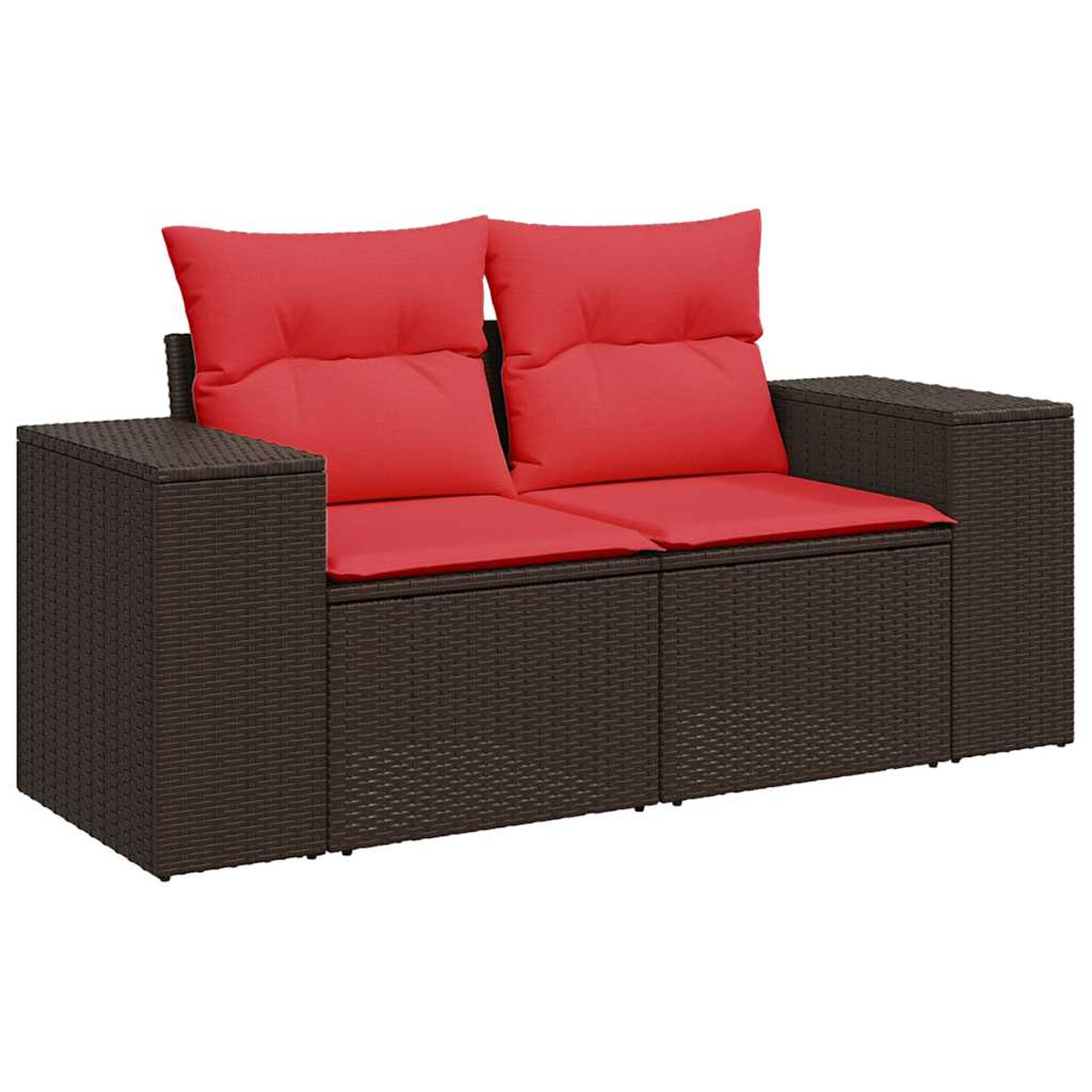 Ein braunes Sofa im Korbstil für zwei Personen mit roten Kissen. Es hat ein schlichtes Design mit Armlehnen, die als Beistelltische dienen.