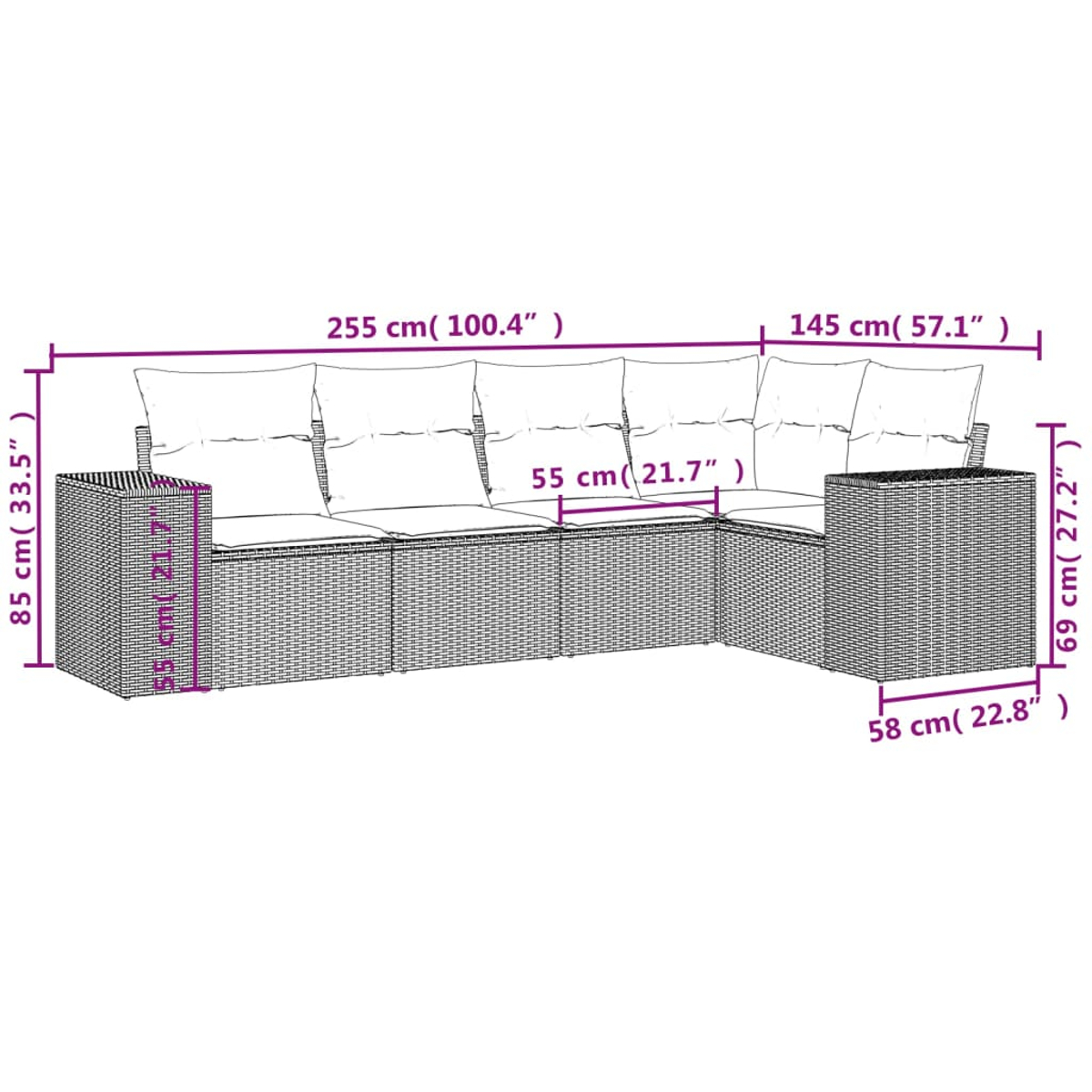 Ein graues Ecksofa aus Korbgeflecht mit weißen Kissen und Maßangaben in Zentimetern und Zoll vor weißem Hintergrund.