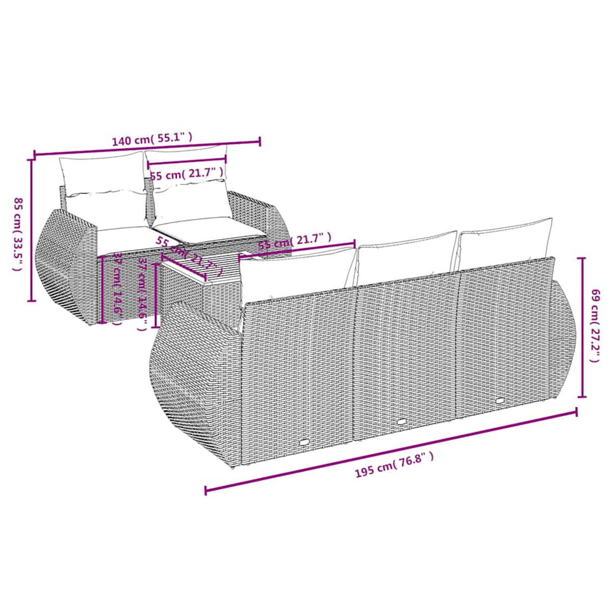 Diagramm eines Korbmöbelsets mit Abmessungen. Es umfasst ein Zweisitzer-Sofa, ein Dreisitzer-Sofa und einen kleinen Tisch.