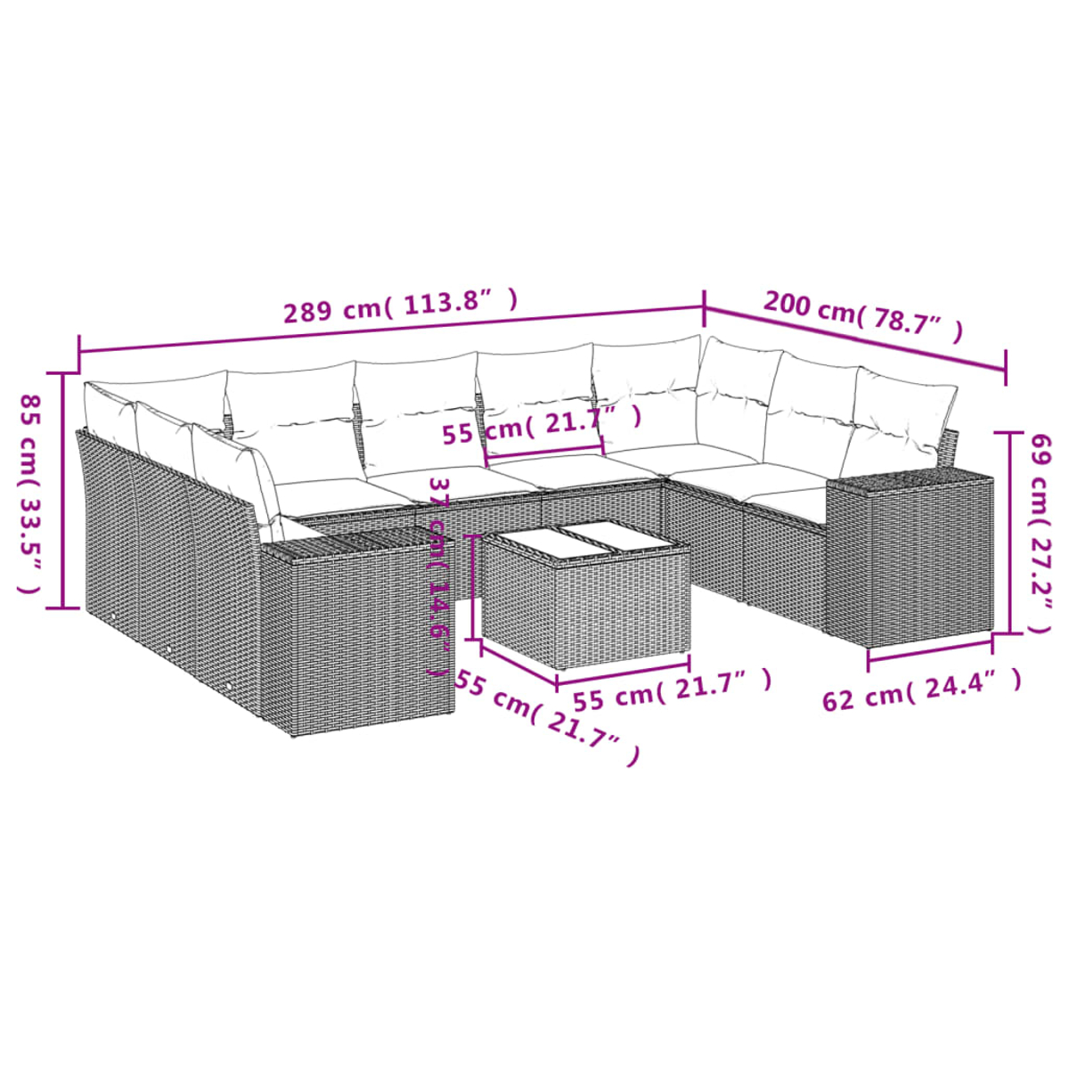 Geflochtenes Outdoor-Sofa mit Abmessungen in cm und Zoll. Inklusive Couchtisch. Weiße Kissen.