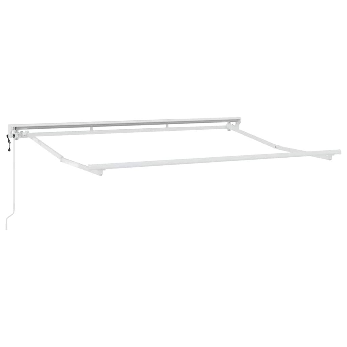 Eine weiße, einziehbare Markise ist vor einem weißen Hintergrund ausgefahren. Ein Kabel hängt von der linken Seite der Markise.