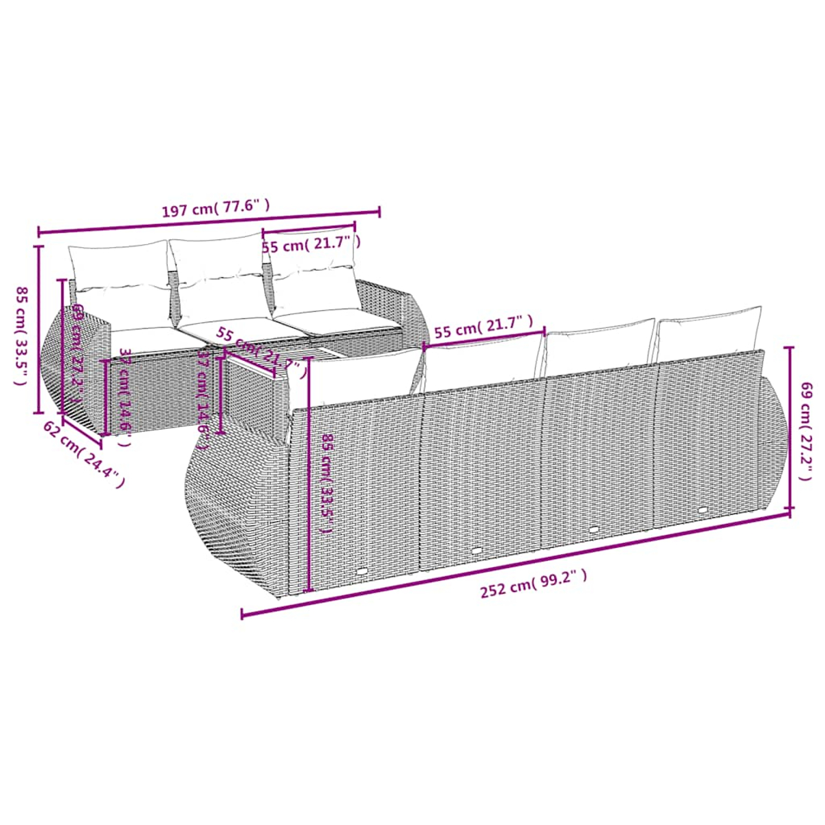 Outdoor-Wicker-Ecksofa-Set mit cm-Maßen. Enthält einen Tisch und Kissen. Weißer Hintergrund.