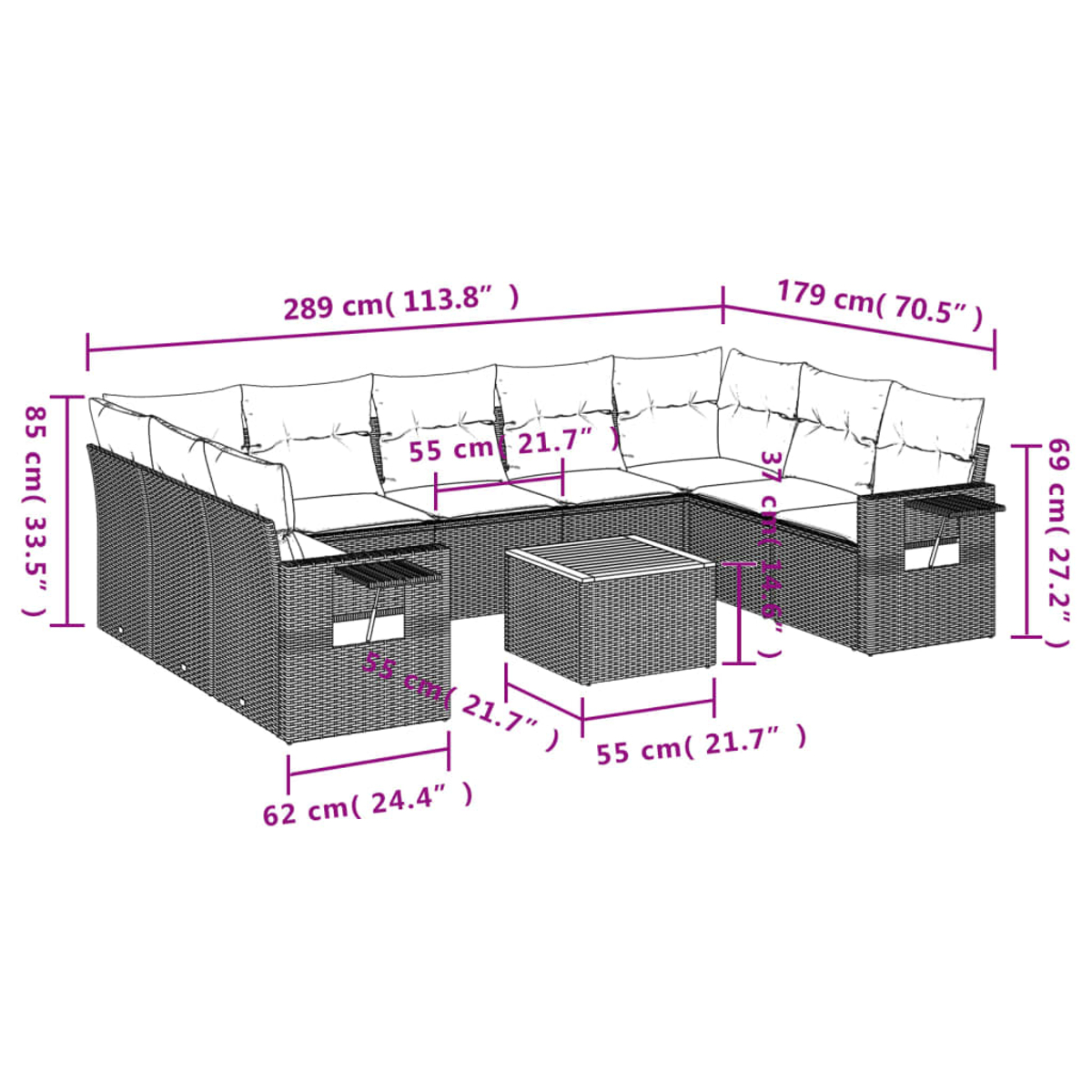 Un sofá seccional para exteriores con dimensiones, incluida una mesa de centro. Tiene cojines y mesas auxiliares. Todas las dimensiones están etiquetadas.