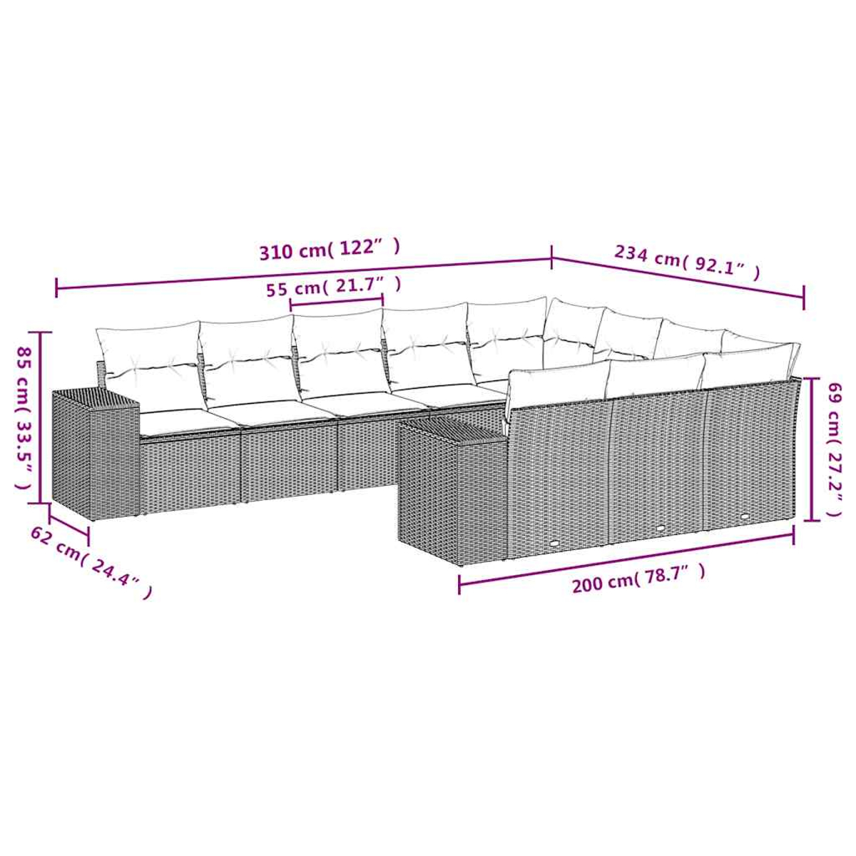 Ein Ecksofa-Set für den Außenbereich mit Maßangaben. Es besteht aus Korbgeflecht mit Kissen und enthält Maße in cm und Zoll.