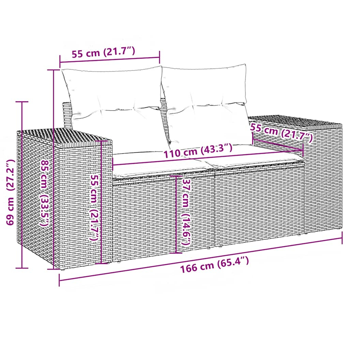 Ein Korbmöbel-Sofa mit Maßangaben. Das Sofa hat zwei Sitz- und zwei Rückenkissen.