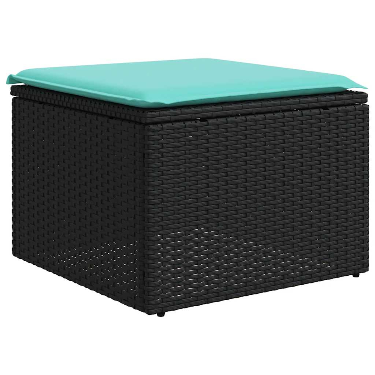 Quadratische, schwarze Aufbewahrungshocker aus Korbgeflecht mit hellblauem Kissen. Der Hocker besteht aus gewebtem Material.
