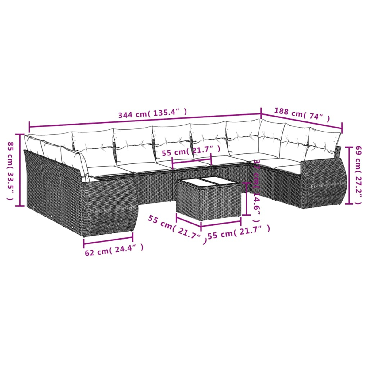 Geflochtenes Outdoor-Ecksofa mit Abmessungen in cm und Zoll. Inklusive Kissen, einem kleinen Tisch und Maßen.