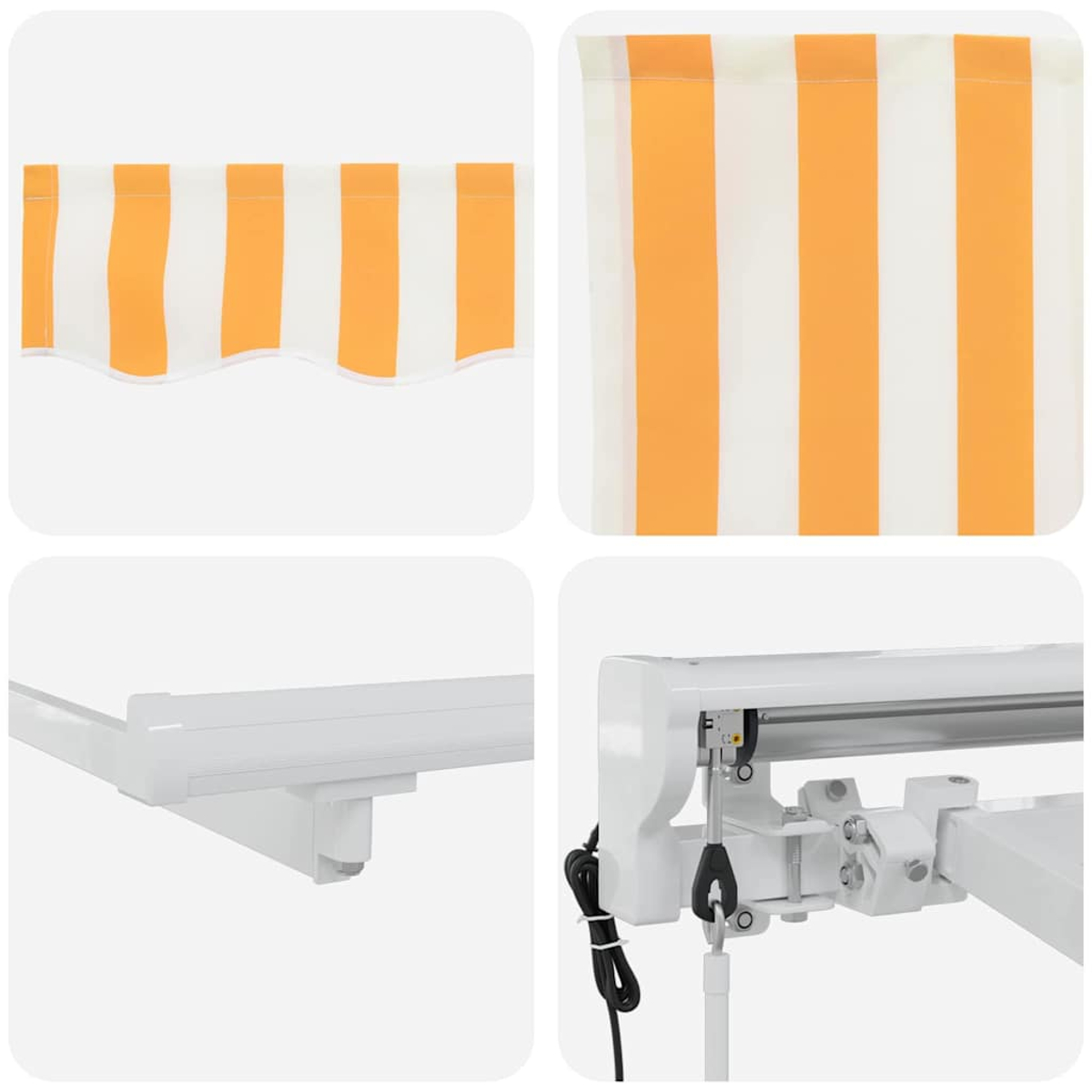 Vier Nahaufnahmen eines Marktschirms. Orange-weiß gestreifter Stoff, weißer Metallrahmen und mechanische Teile sind sichtbar.