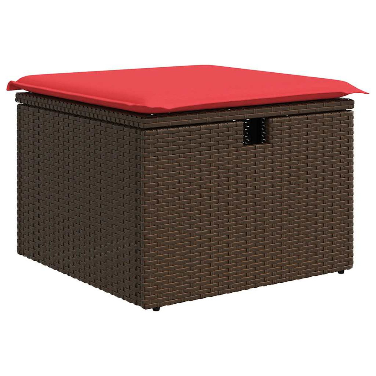 Eine braune Aufbewahrungsbox aus Korbgeflecht mit einem roten Kissen oben. Die Box hat eine rechteckige Form.