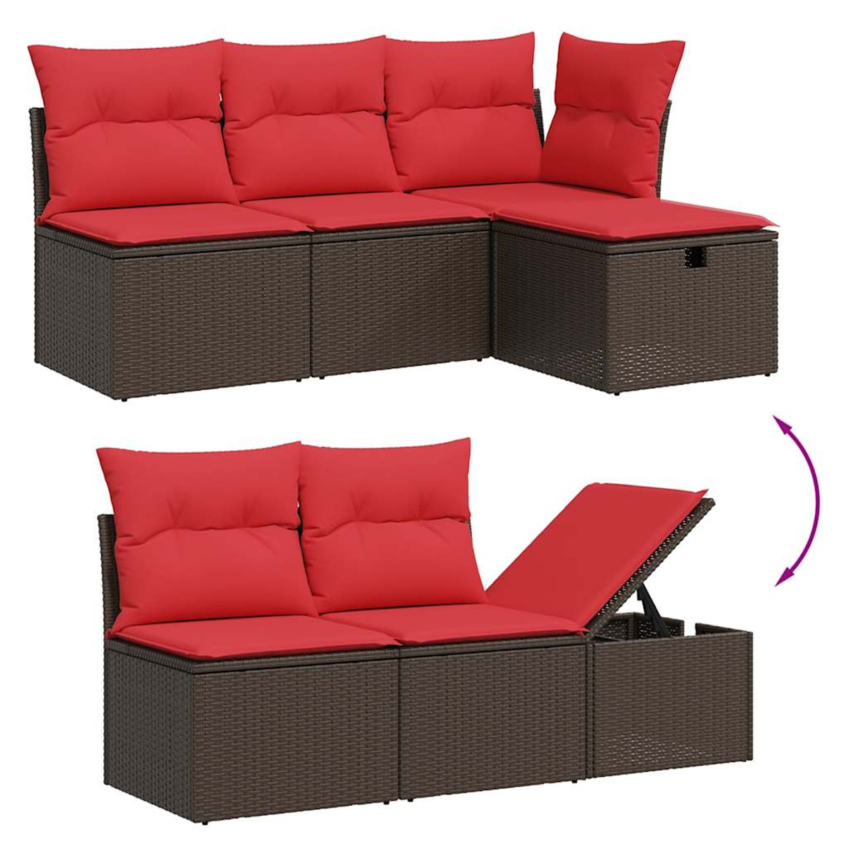 Zweiteiliges Ecksofa mit roten Kissen. Ein Teil hat Stauraum. Der obere Teil lässt sich öffnen. Braune Rattanrahmen.