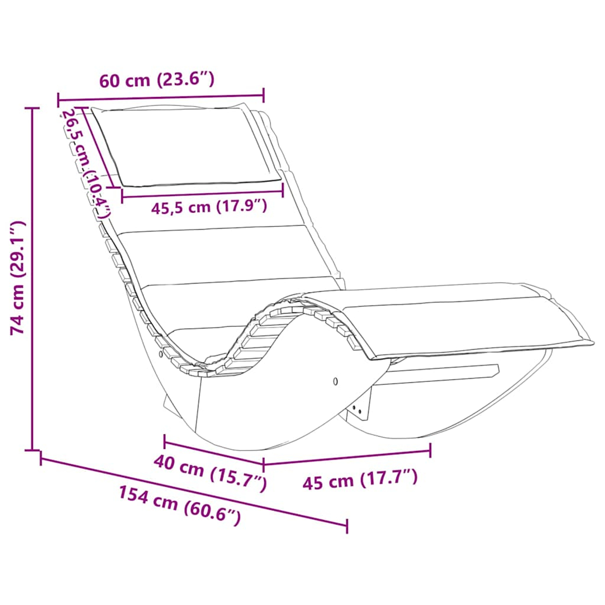 Diagramm eines geschwungenen Loungesessels mit Abmessungen. Es zeigt Längen-, Breiten- und Höhenmaße in Zentimetern und Zoll.