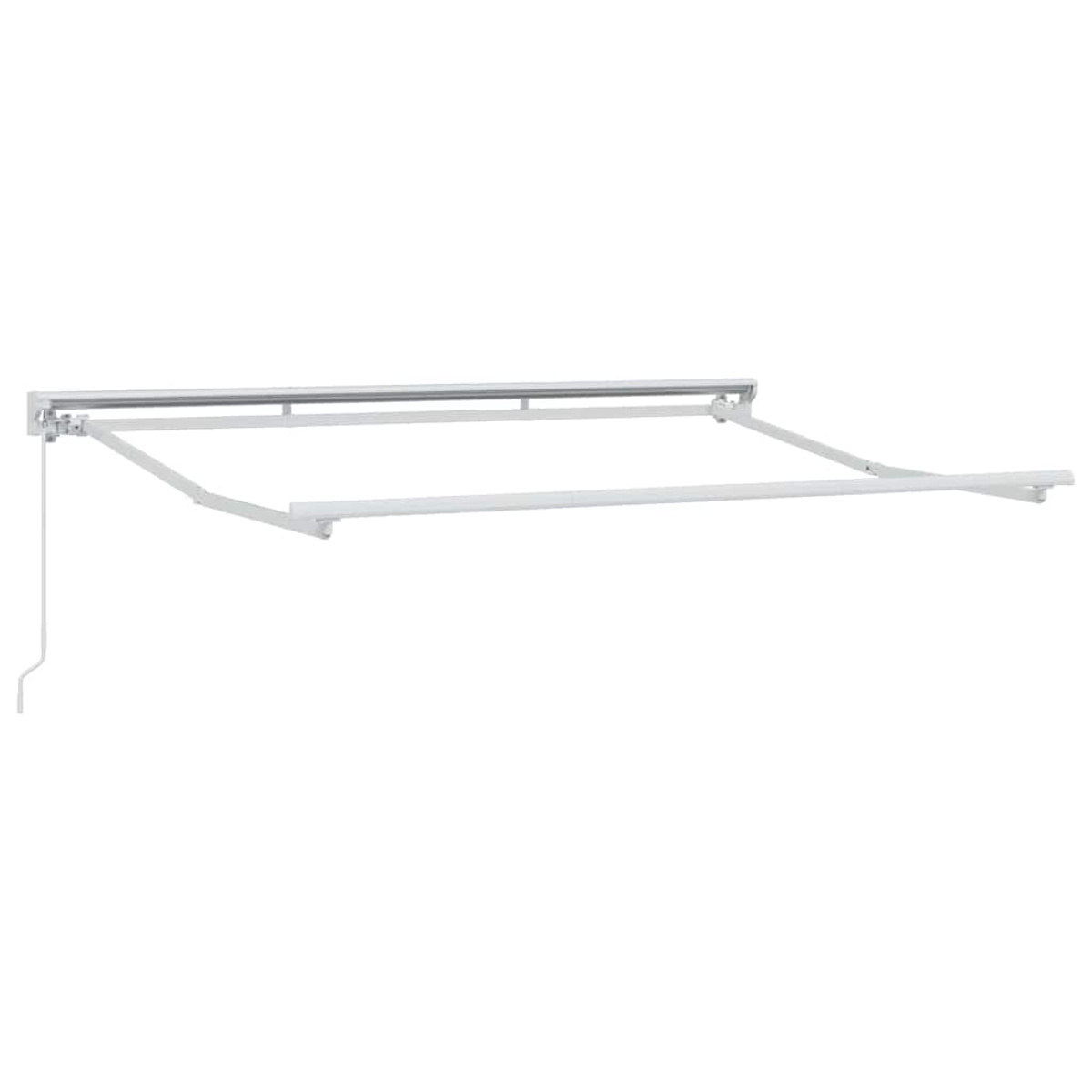 Un toldo blanco extendido sobre un fondo blanco. Tiene un marco rectangular y un cordón en el lado izquierdo.
