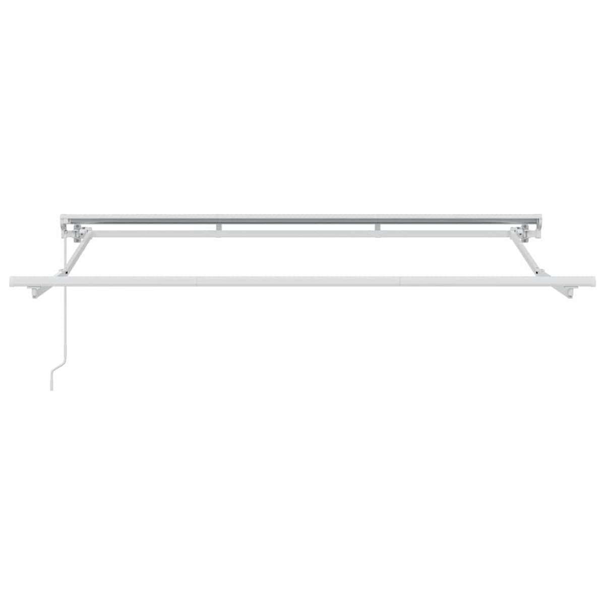 Se muestra un mecanismo de toldo blanco, con un marco rectangular, soportes angulados y una manivela, sobre un fondo blanco.
