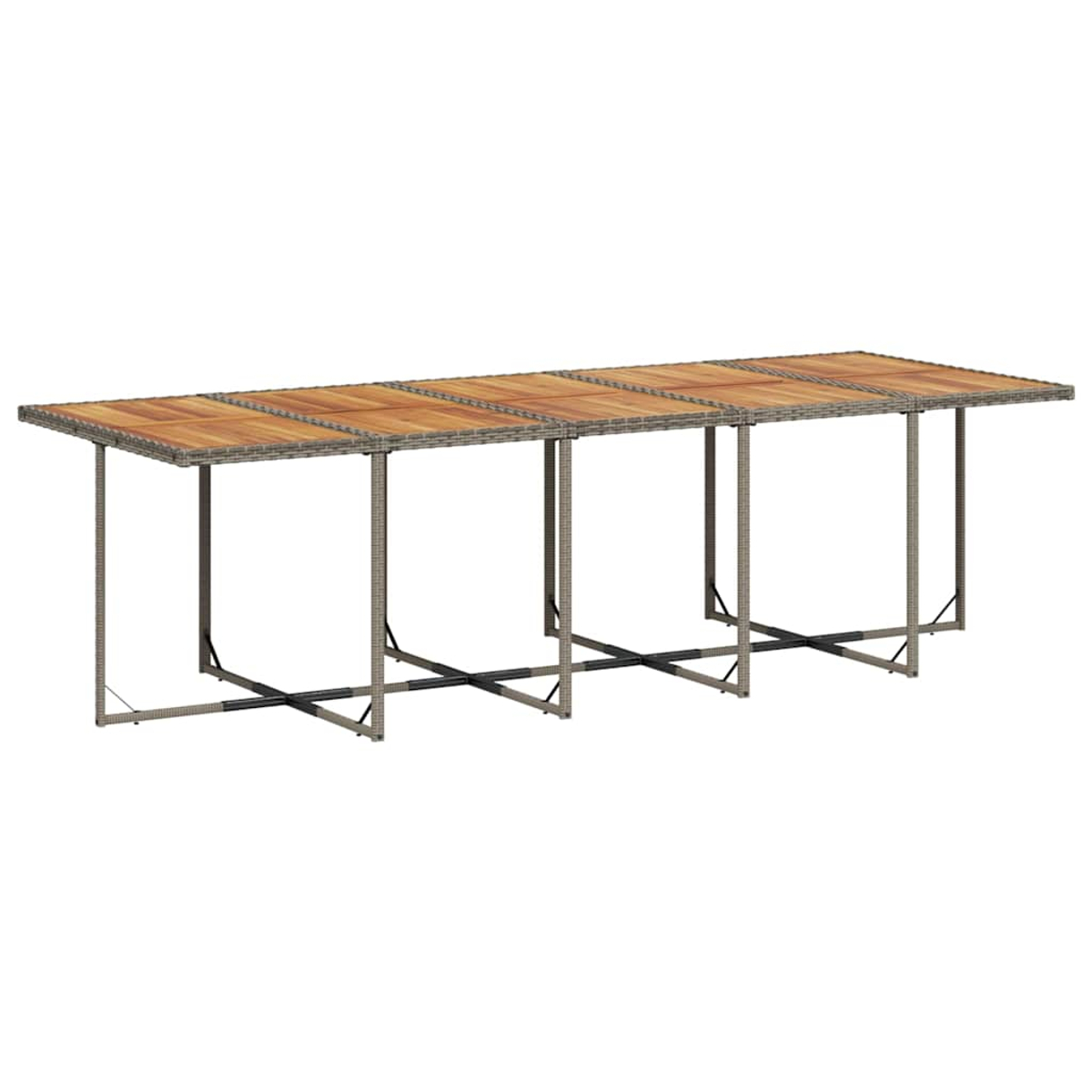 Ein langer, rechteckiger Outdoor-Tisch aus Holz und gewebtem Material. Der Tisch hat eine hellbraune Platte und dunkelgraue Beine.