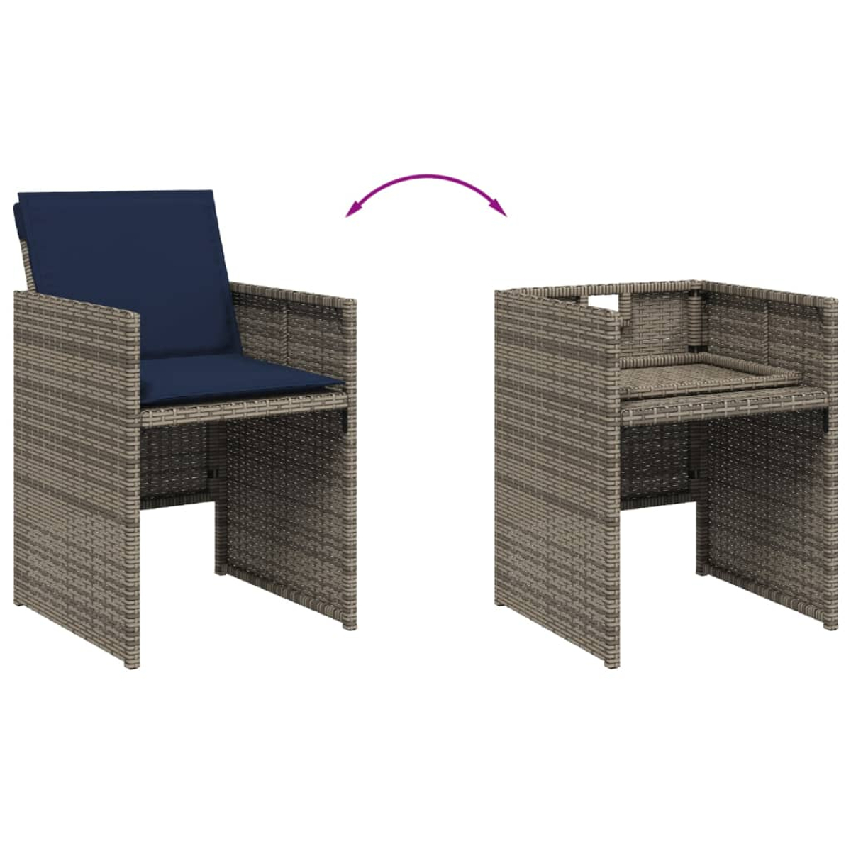 Zwei Rattanstühle, einer mit blauem Kissen, der andere leer. Ein Pfeil zeigt die Transformation.