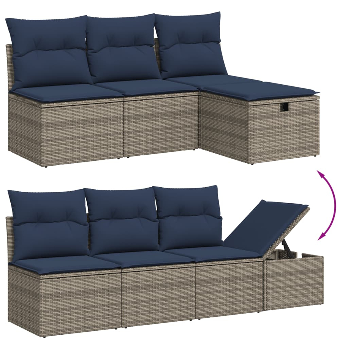 Zwei Korbs Sofas mit dunkelblauen Kissen. Eines zeigt einen angehobenen Abschnitt. Pfeil zeigt die Hebeaktion.