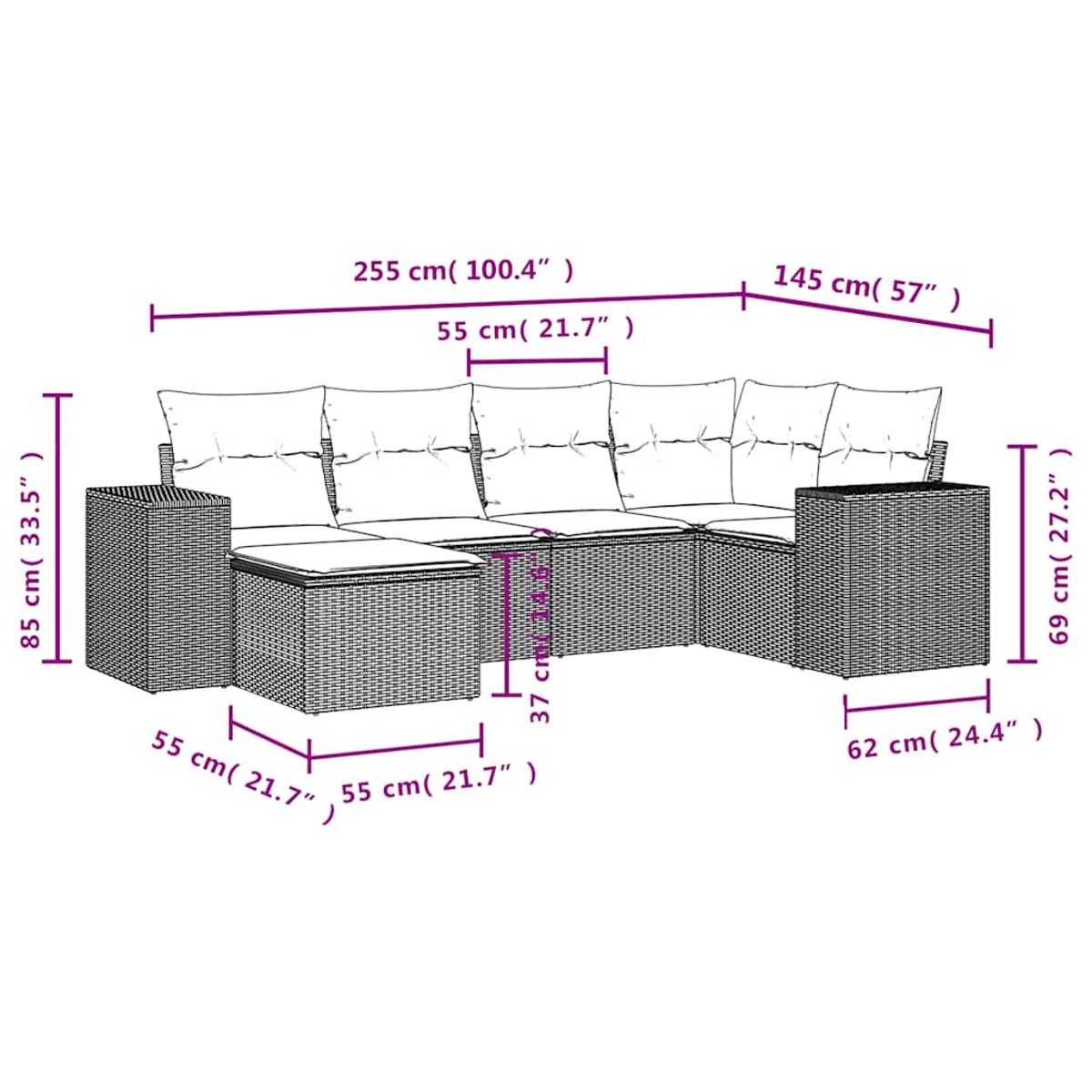 Ein graues Korbsessel-Sofa mit weißen Kissen wird mit Abmessungen in Zentimetern und Zoll gezeigt. Das Sofa steht auf weißem Hintergrund.