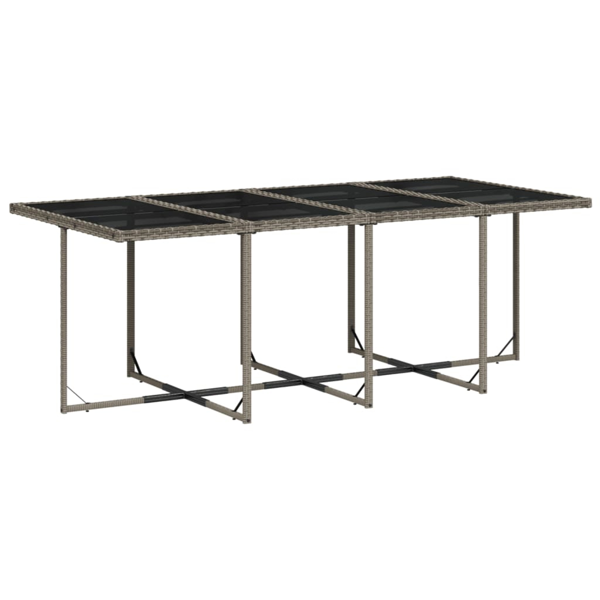 Ein rechteckiger Outdoor-Tisch mit gewebten grauen Beinen und einer dunklen Glasplatte. Der Tisch ist leer, vor weißem Hintergrund.