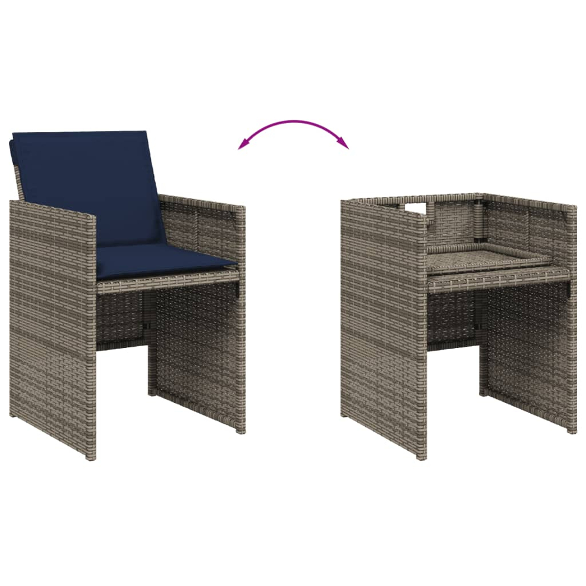 Zwei Stühle im Rattan-Stil, einer mit blauem Kissen, der andere leer. Ein Pfeil zeigt an, dass sich der erste Stuhl in den zweiten verwandelt.