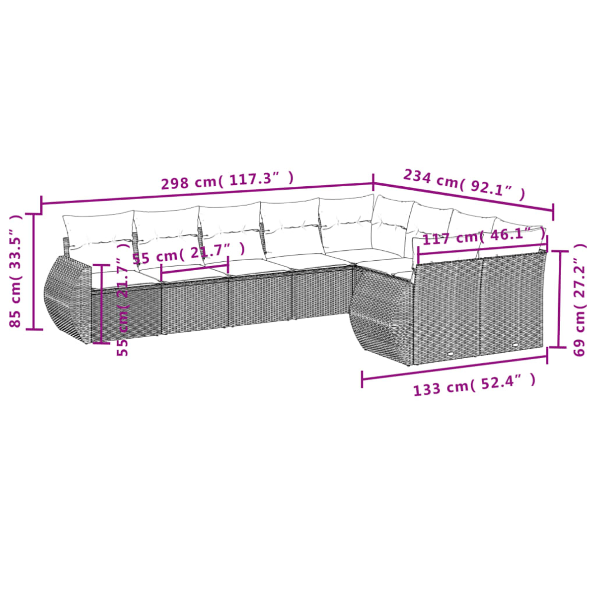 Ein Outdoor-Ecksofa mit Maßen. Enthält Kissen und ein rattanartiges Design, mit Maßangaben in cm und Zoll.