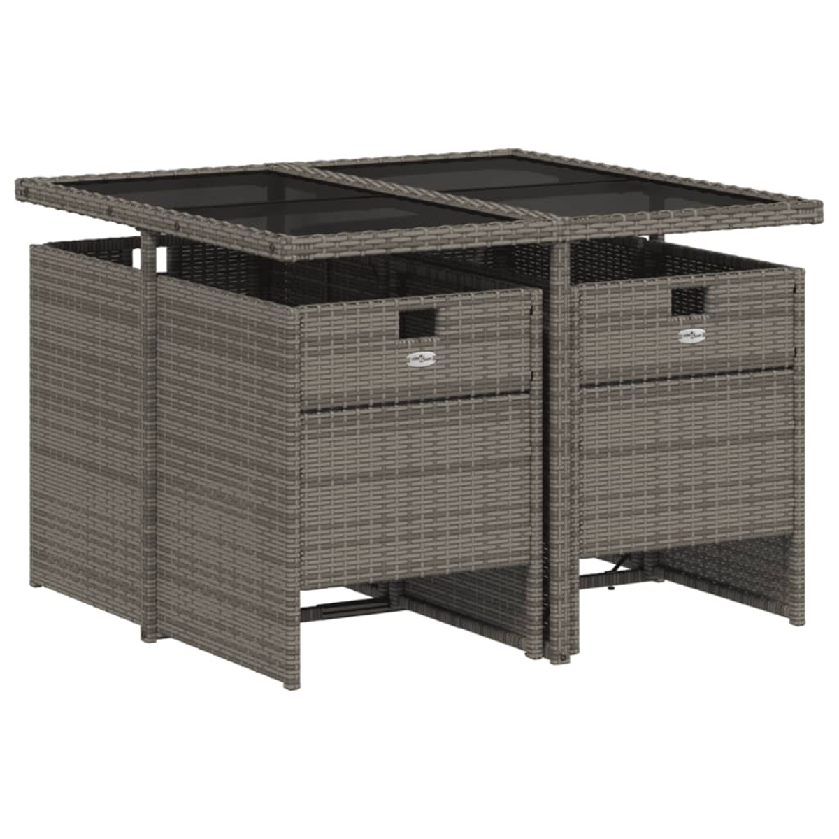 Graues Korbtisch-Set mit Glasplatte, zwei Stauraum-Einheiten unter dem Tisch.