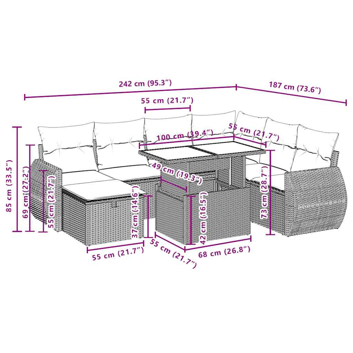 Ein Rattan-Gartenmöbel-Set. Es umfasst ein Ecksofa, einen Tisch und einen kleinen quadratischen Tisch. Abmessungen sind angegeben.