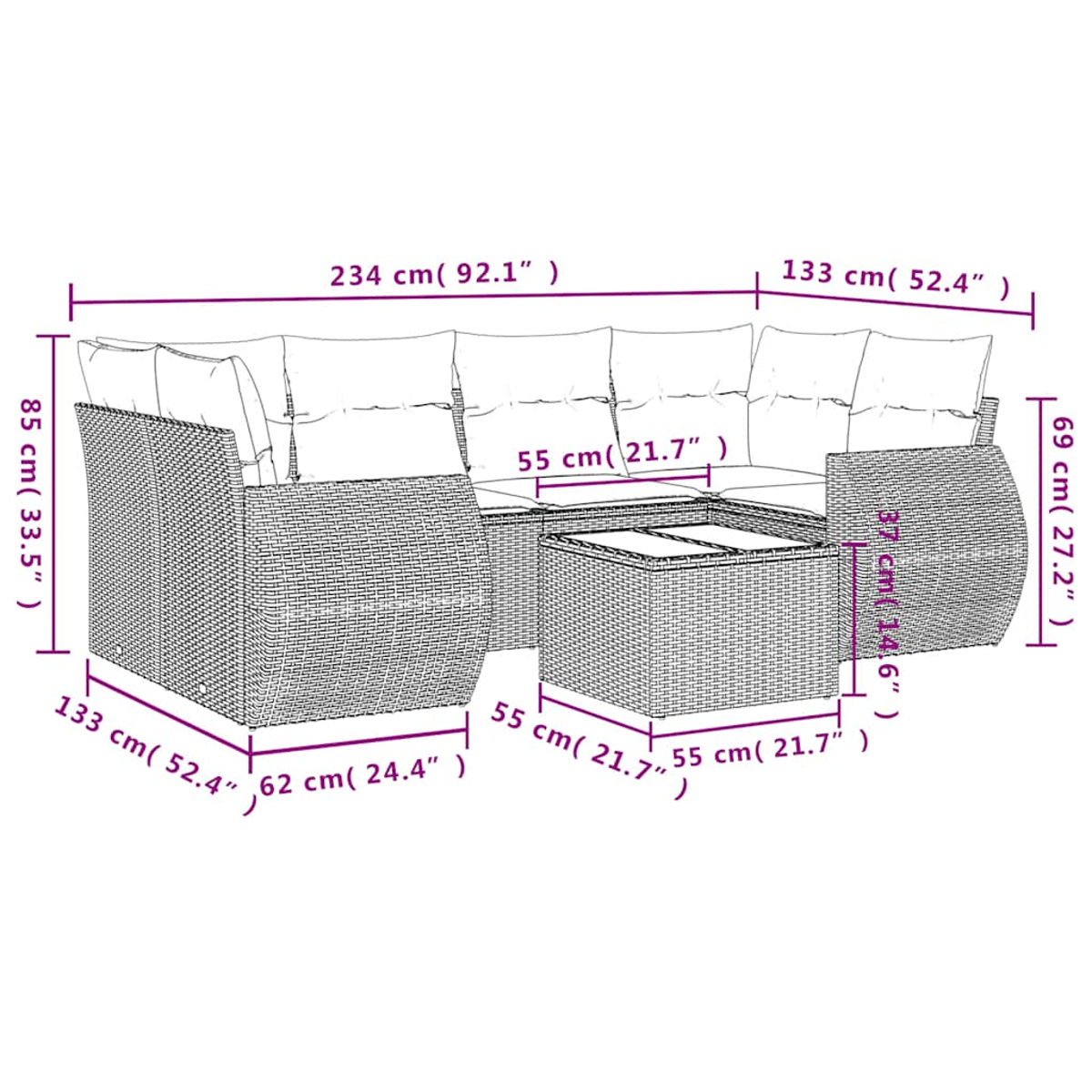 Ein Outdoor-Ecksofa und ein Couchtisch aus Weide. Die Abmessungen sind in cm und Zoll angegeben. Das Sofa hat Kissen.