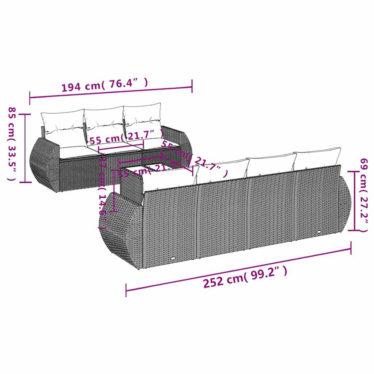 Diagramm von Gartenmöbeln. Zeigt Abmessungen eines 3-Sitzer-Sofas und eines 4-Sitzer-Sofas, mit Maßen in cm und Zoll.