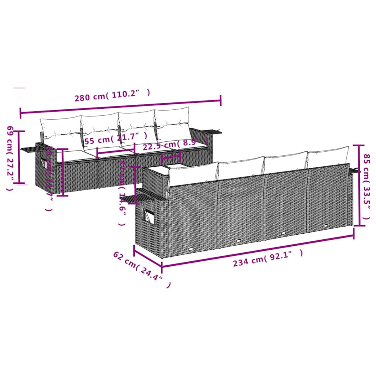 Zwei Outdoor-Sofas aus Korbgeflecht mit Maßen in cm und Zoll. Eines hat 3 Kissen, das andere 4. Beide haben Beistelltische.
