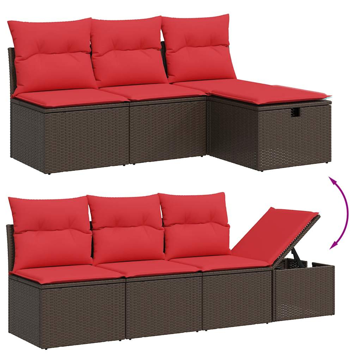 Outdoor-Ecksofa mit roten Kissen. Brauner, korbartiger Rahmen. Ein Abschnitt öffnet sich zur Aufbewahrung.