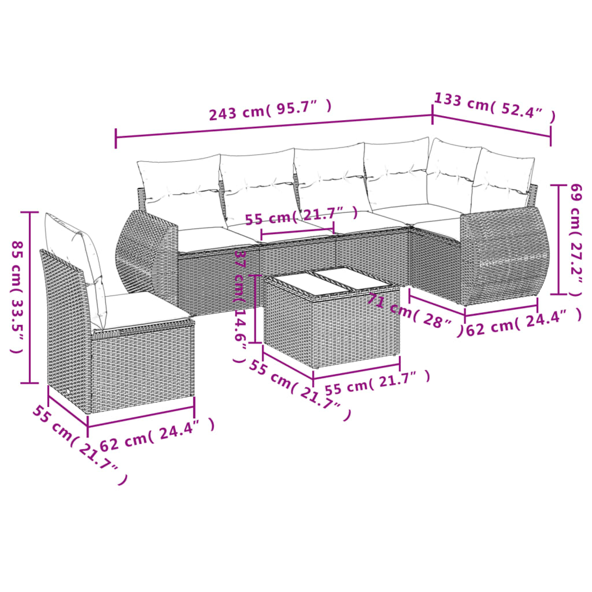 Ein Rattan-Terrassenset mit Sofa, Stuhl und Couchtisch. Maße sind in Zentimetern und Zoll angegeben.